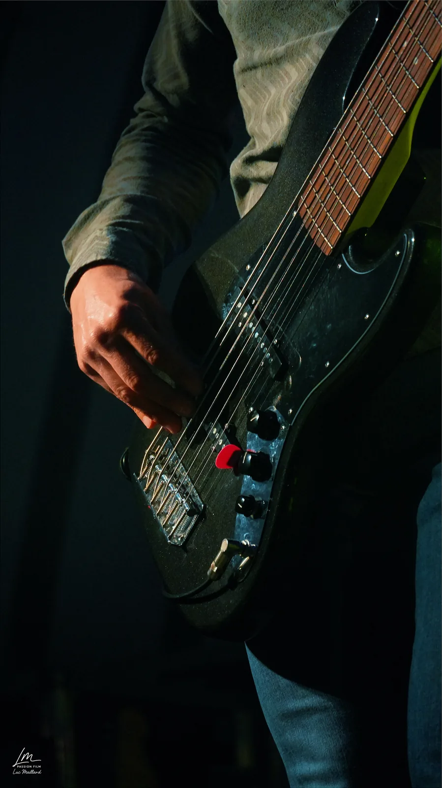 Détail des mains d'un bassiste sur son instrument